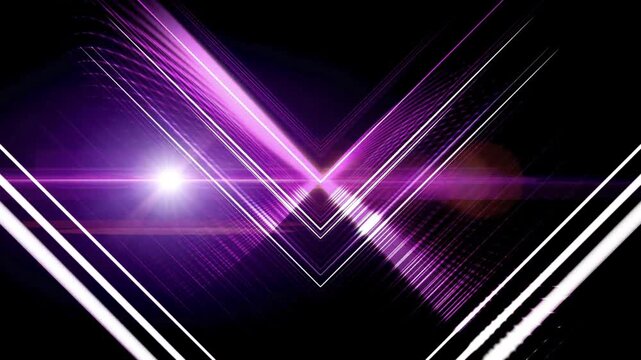 Purple lens flare and white geometric arrows moving in a rhythmic pattern against a dark background to create a high energy visual for concert stages or electronic music.