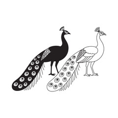 Fototapeta premium Two peacocks depicted in a contrasting black and white line art style