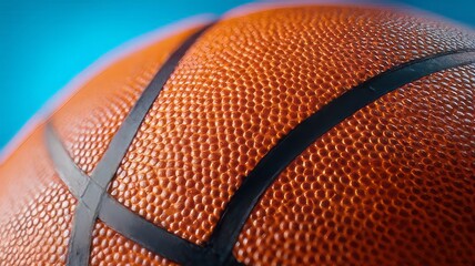 Obraz premium close-up of a basketball texture isolated on a light blue background, basketball ball on blue background, close up of a basketball