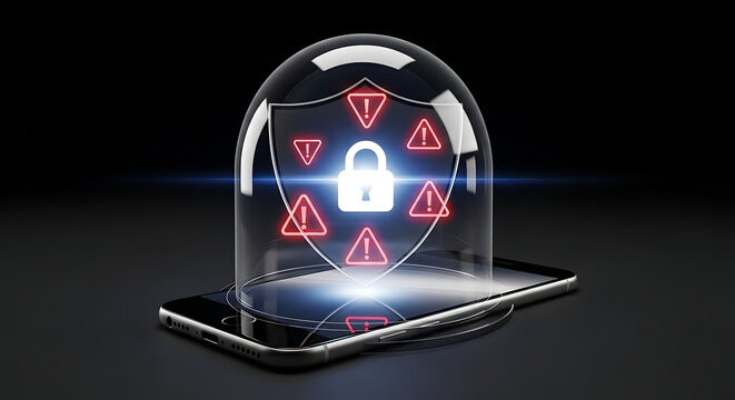 Digital security concept with a locked padlock symbol under a protective dome on a smartphone, symbolizing data protection and cyber safety