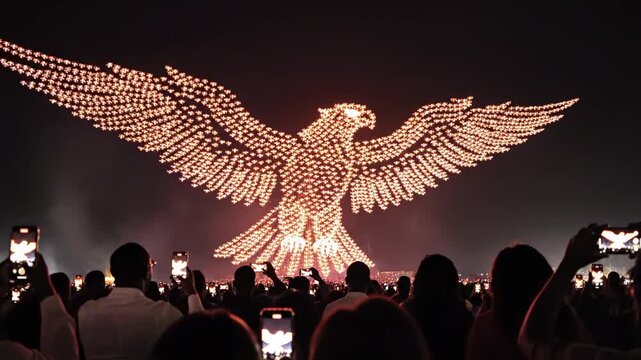 Spectacular Drone Light Show featuring a massive glowing blue eagle formation in the night sky watched by a crowd for event promotion and technology concepts.