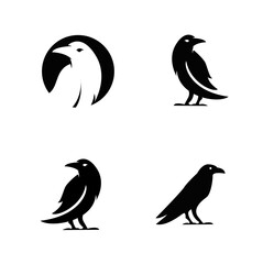 Obraz premium Set of Minimalist Black Raven and Crow Bird Logos and Silhouettes Vector Graphic Design Elements