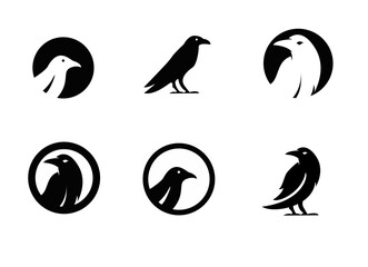 Obraz premium Minimalist Raven Bird Logo Collection, Black and White Crow Icons, Modern Avian Silhouette Designs