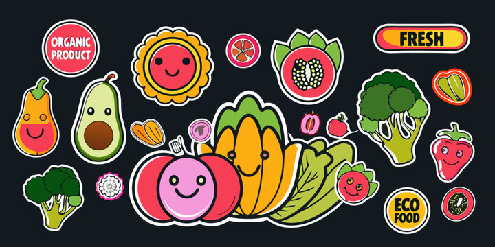 Cute cartoon illustrations of various organic fruits and vegetables in a patch