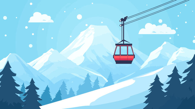 A stylized winter landscape features snowy mountains, pine trees, and a cable car in a serene blue scene