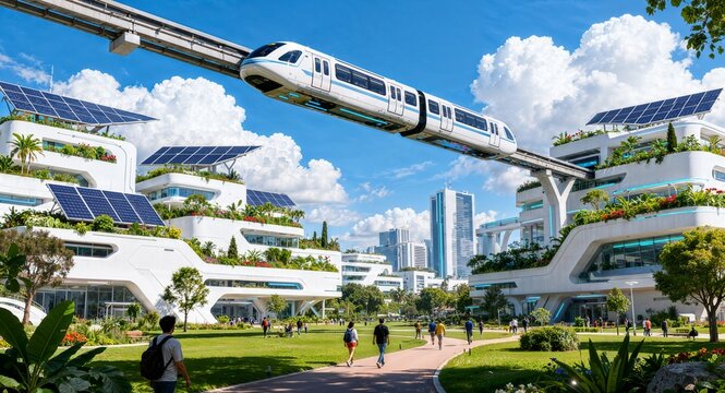 Futuristic Sustainable City with Solar-Powered Green Buildings and High-Speed Monorail Transport