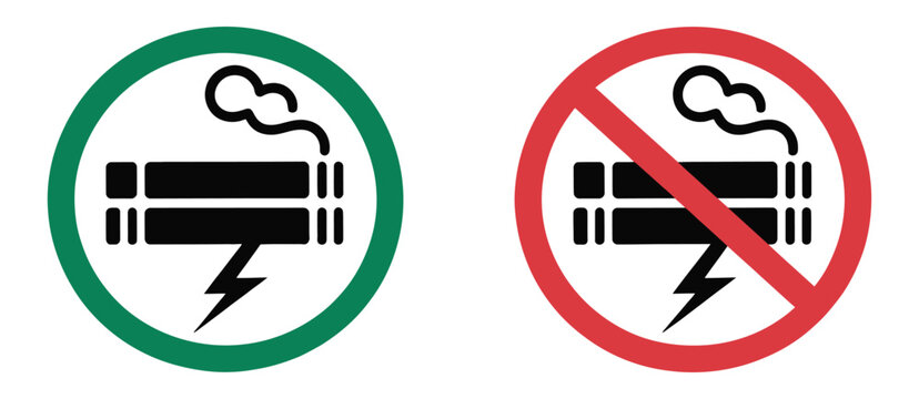 No smoking no vaping combined sign, prohibition symbol with red and green no smoke circle, stop icon warning for restricted air zones and health safety rules.