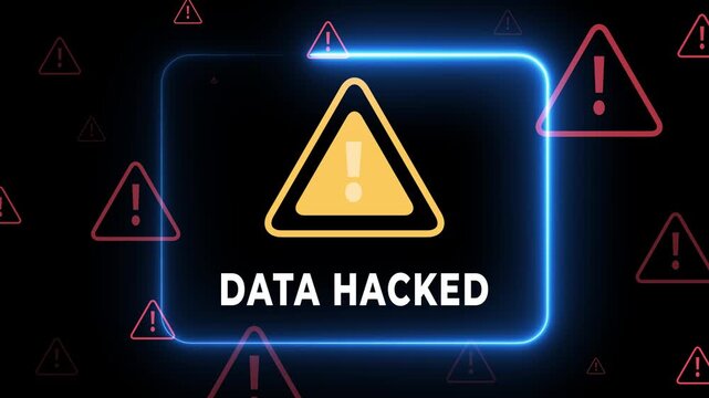 System warning alert signals critical security issue idea. Suspicious activity shows possible breach. Data & system hacked concept on the black background. 