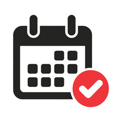 Vector of a black calendar with a red check mark overlapping the page © Glows