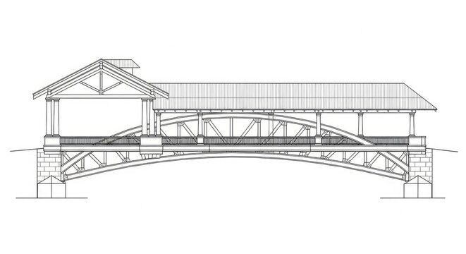 Architectural illustration of a covered bridge in black and white
