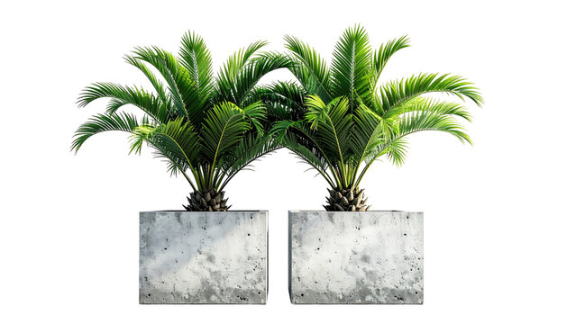 Two cycad palms in square, textured concrete planters against black background