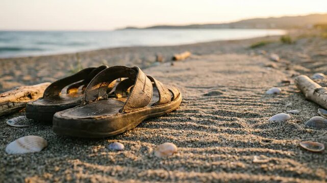 Old worn leather sandals resting on a sandy beach near the ocean.