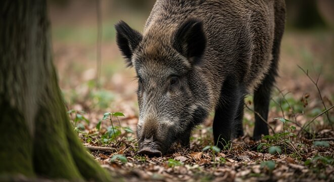 Wild boar foraging in a forest, sniffing the ground among fallen leaves and green plants.