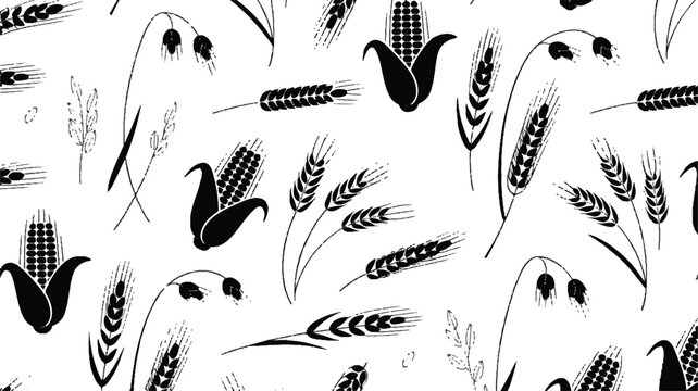 black and white illustration of various wheat and corn stalks and ears on white background