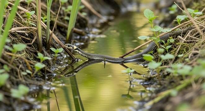 Grass snake slithering through a shallow stream in lush green reeds and water