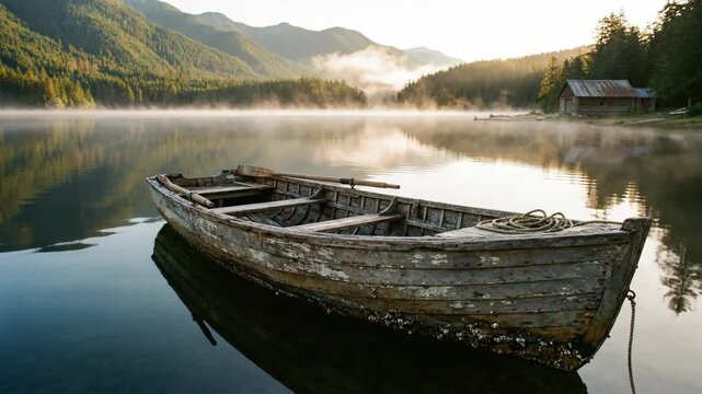 Old wooden rowboat floats on a misty lake at sunrise with mountains in the background.