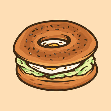 Healthy Breakfast Bagel Sandwich with Fried Egg and Avocado Vector Illustration