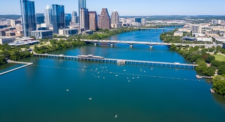 Fototapeta premium Austin skyline and Lady Bird Lake with Congress Avenue Bridge and kayaks