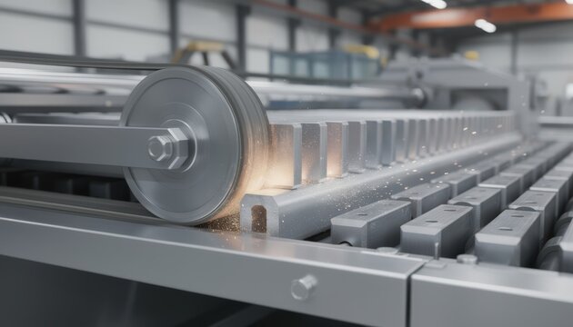 Industrial belt deburring machine in action medium shot showing consistent edge refinement on metal parts for improved product quality.