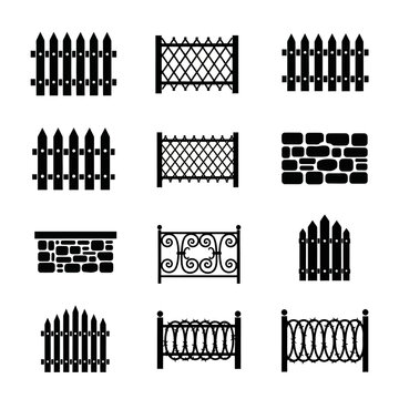 Collection of fence and barrier icons for security and property definition