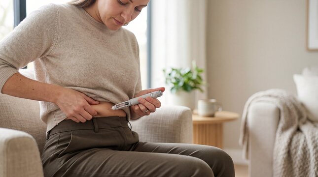 Woman injecting medication into abdomen at home, weight loss treatment concept, glp 1 therapy, healthcare lifestyle.