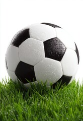 Fototapeta premium A black and white soccer ball rests on vibrant green grass, symbolizing the upcoming World Cup 2026.
