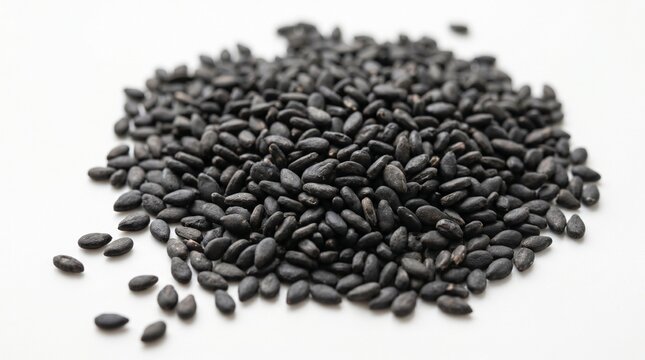 Close-up shot of a pile of black sesame seeds on a plain white background with soft focus and earthy tones.