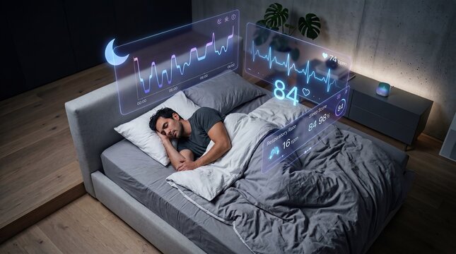 Man sleeping in bed with digital interface showing sleep data and graphs, smart sleep monitoring concept, ai health.