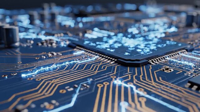 Microchip on Circuit Board: A detailed view of a microchip on a modern circuit board. The intricate network of circuits and the central processor unit, or CPU, are highlighted with neon blue light.