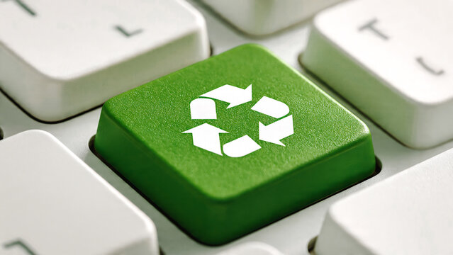 Touche verte avec le logo du recyclage sur un clavier d'ordinateur portable