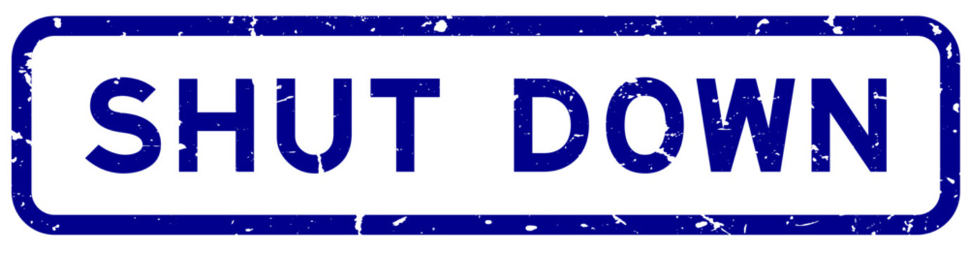 Grunge blue shut down word rubber square seal stamp on white background