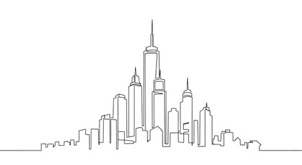 Fototapeta premium Continuous single line drawing of modern city skyline with skyscrapers.