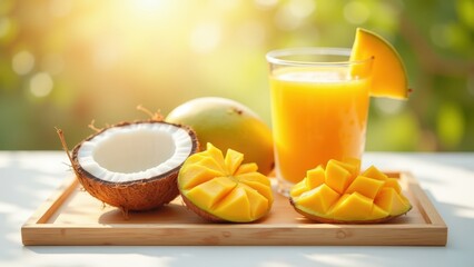 Fototapeta premium Summer background with bamboo tray fresh mango halves coconut shell and tropical smoothie on white surface, tropical food overhead