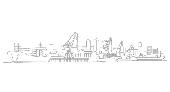 Continuous line drawing of a bustling industrial seaport with cargo ships and cranes.
