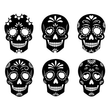 Six Ornate Sugar Skull Designs Black and White