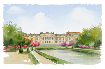 Obraz premium watercolor digital hand painted illustration of palace of versailles in paris