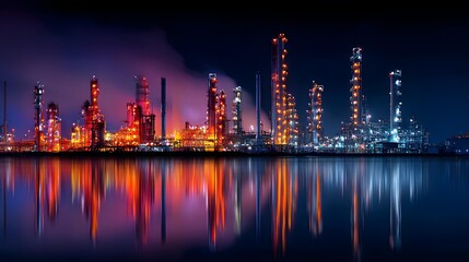Fototapeta premium Industrial oil refinery at night with reflections