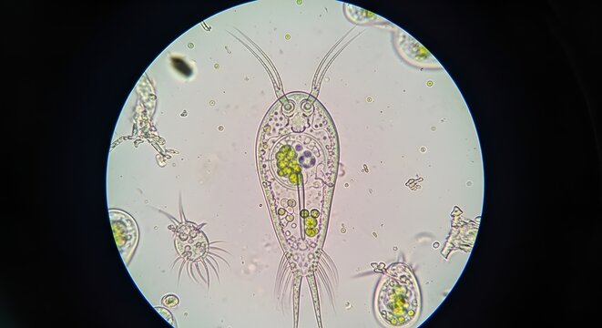 Microscopic view of rotifer with cilia and internal organs, surrounded by other microorganisms.