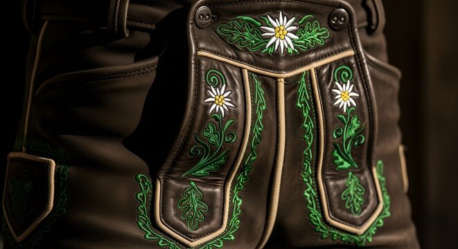 Traditional Bavarian Lederhosen with Edelweiss Embroidery - Close-up Detail