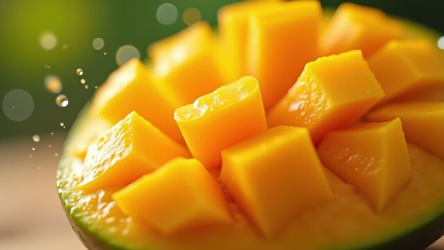 Fresh tropical mango being sliced revealing vivid orange interior with juice spray explosion