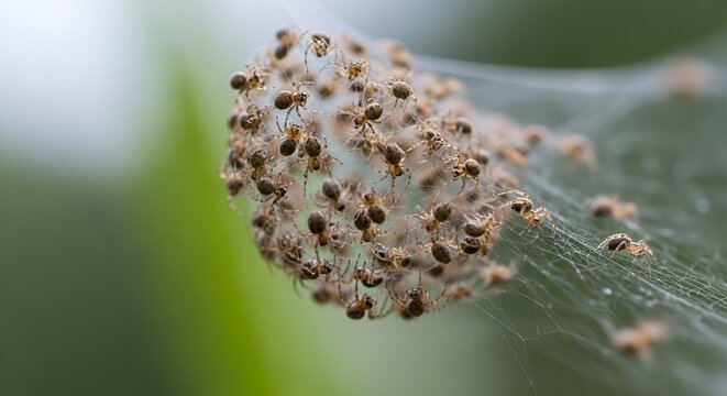 Spiderlings Swarm: Tiny Baby Spiders Clustered Together on Silk Web