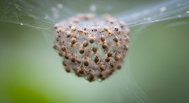 Cluster of Baby Spiders Hatching from Egg Sac in Web