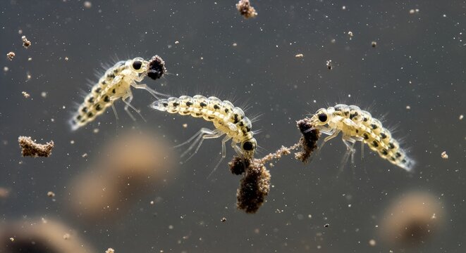 Mosquito Larvae Swimming in Water, Macro Shot