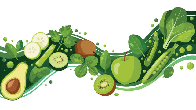 Fresh green fruits and vegetables on wave design