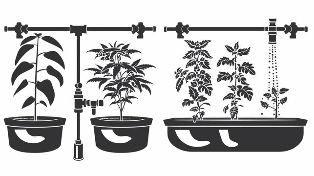 Black and white illustration depicting a hydroponic system watering various plant types in pots