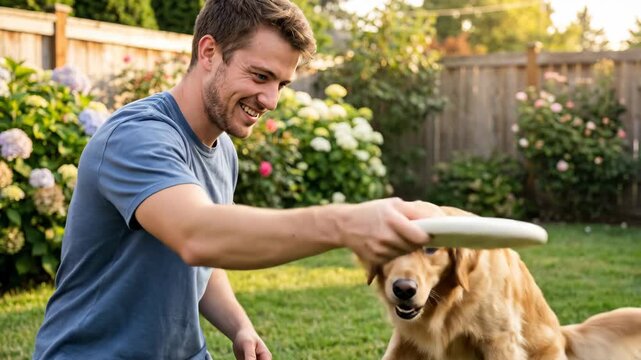 Man playing frisbee with golden retriever dog in backyard garden.