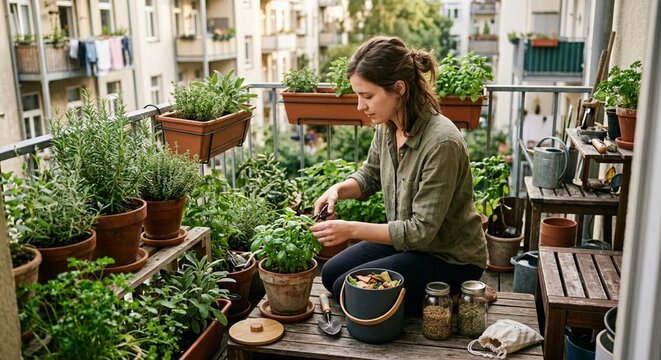 Apartment resident harvesting balcony herbs beside compost and refill containers