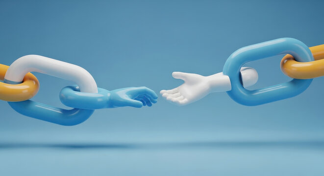 illustration of chain links with reaching hands symbolising broken connection, support, partnership and the need for help and reconnection