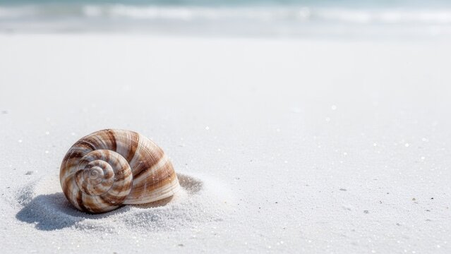 Minimalist Spiral Seashell on White Sand Beach with Copy Space for Mindfulness Wellness Banner