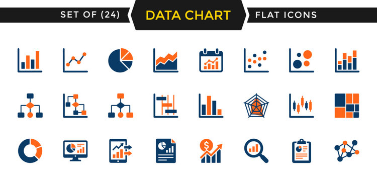 Data chart flat icons set. Collection of solid icons representing data charts, pie charts, bar graphs, and analytics diagrams for business presentations and websites.
